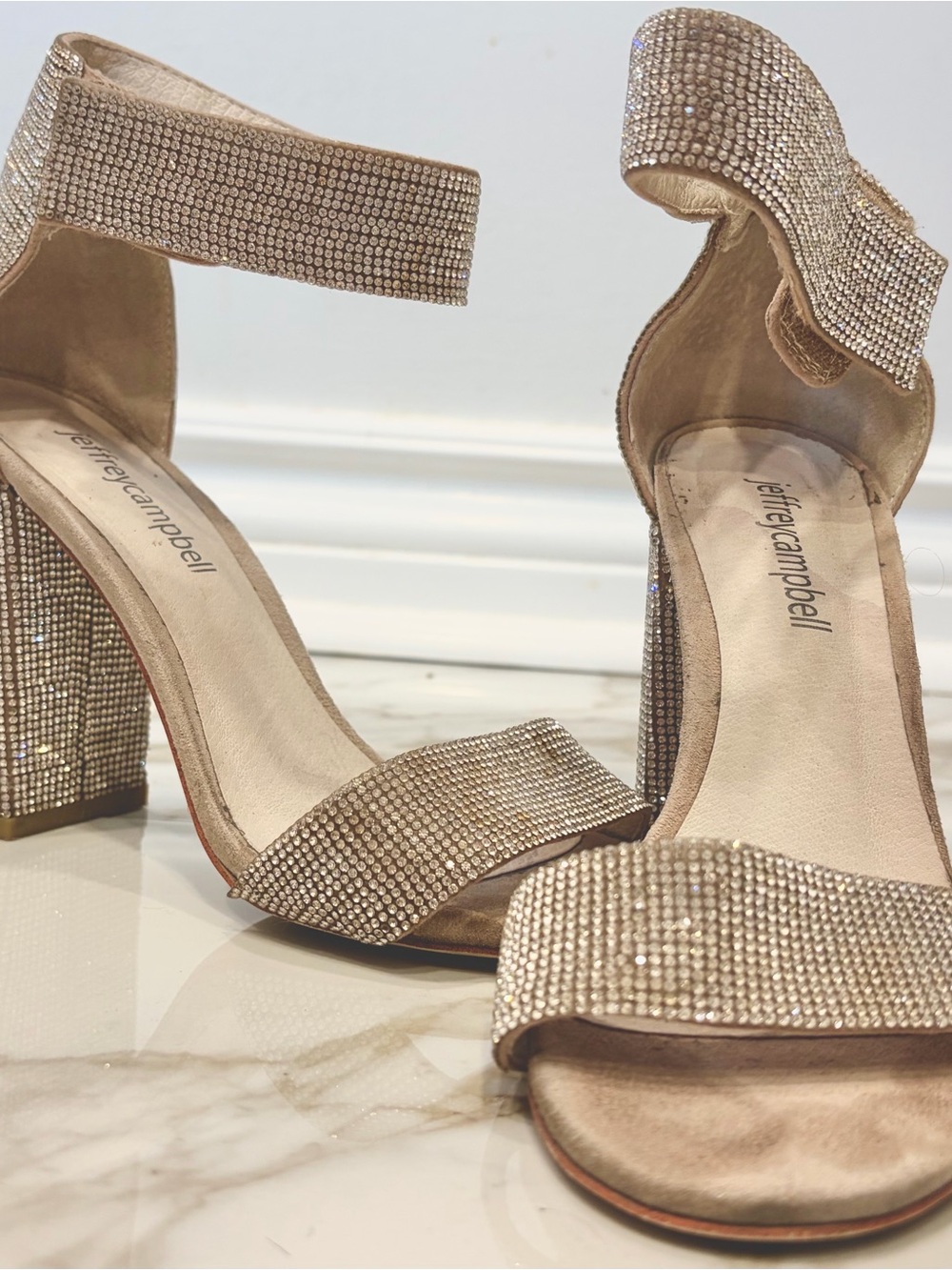 Jeffrey Campbell Champagne Rhinestone Block Heel Sandals size 5